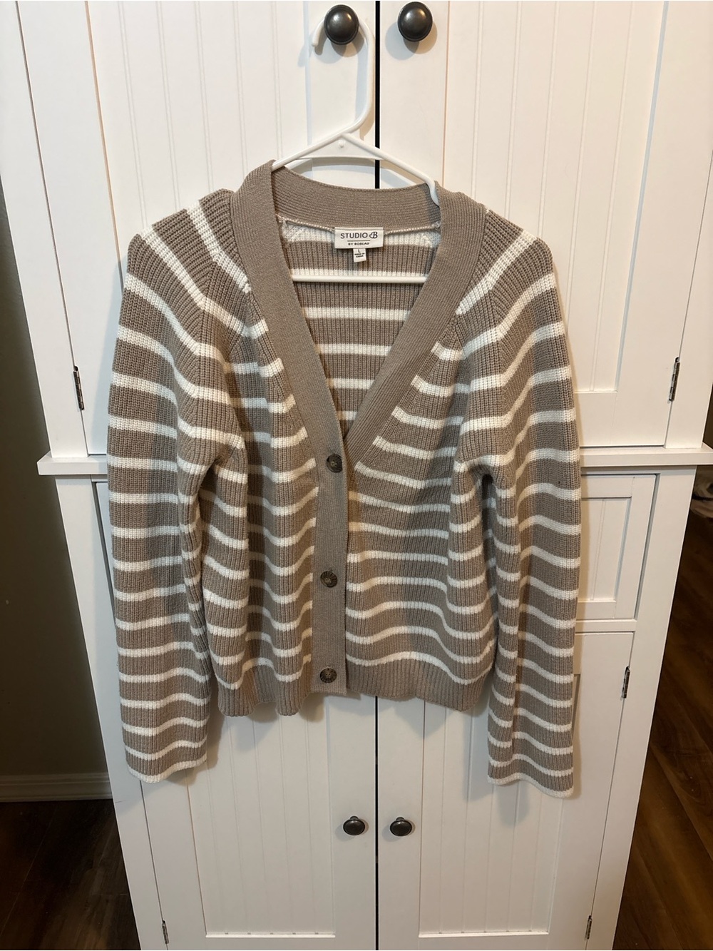 Studio B by Bobeau L Neutral Striped Button Front Cardigan Sweater Coastal